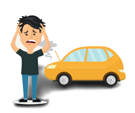 Frustrated sad young man near a broken car hold hands behind his head Vector flat style cartoon